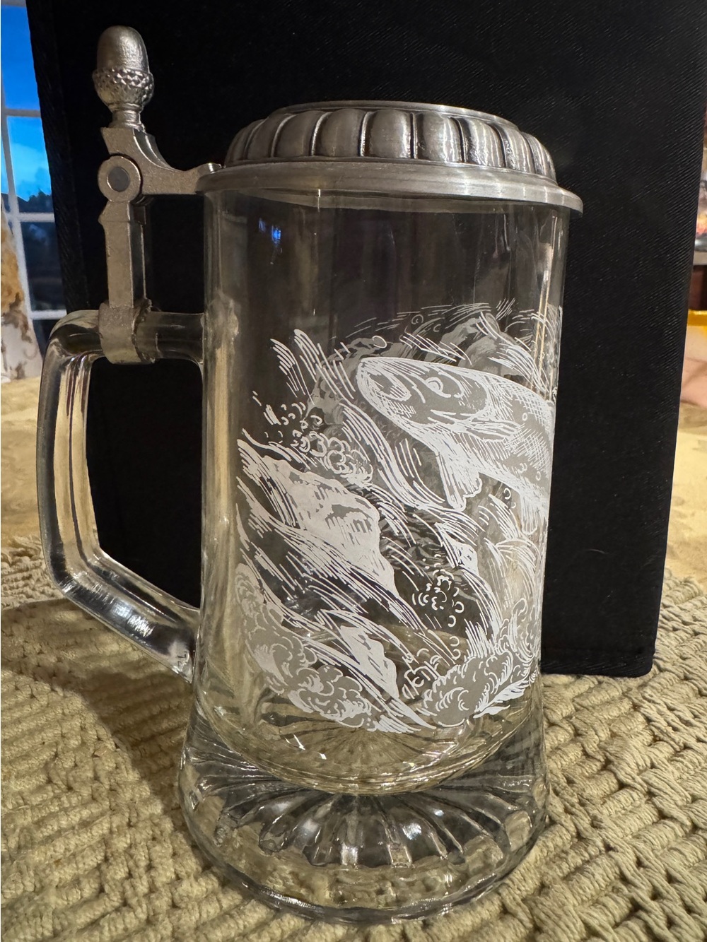 Vintage Made In Germany Clear Glass Salmon Swimming Upstream Beer Stein